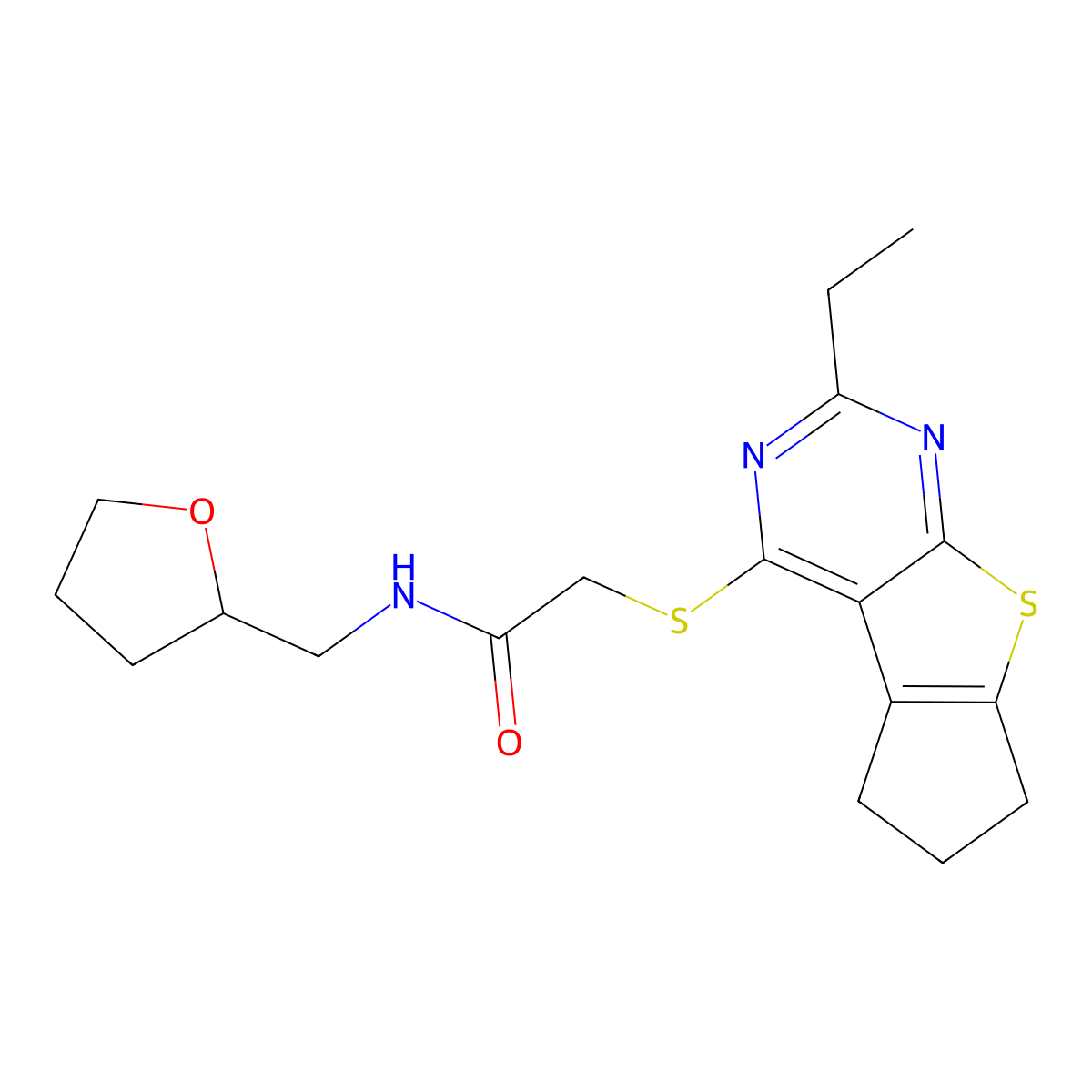 2-({10-ethyl-7-thia-9,11-diazatricyclo[6.4.0.0^{2,6}]dodeca-1(8),2(6),9,11-tetraen-12-yl}sulfanyl)-N-[(oxolan-2-yl)methyl]acetamide molecular structure, CAS 690643-68-6