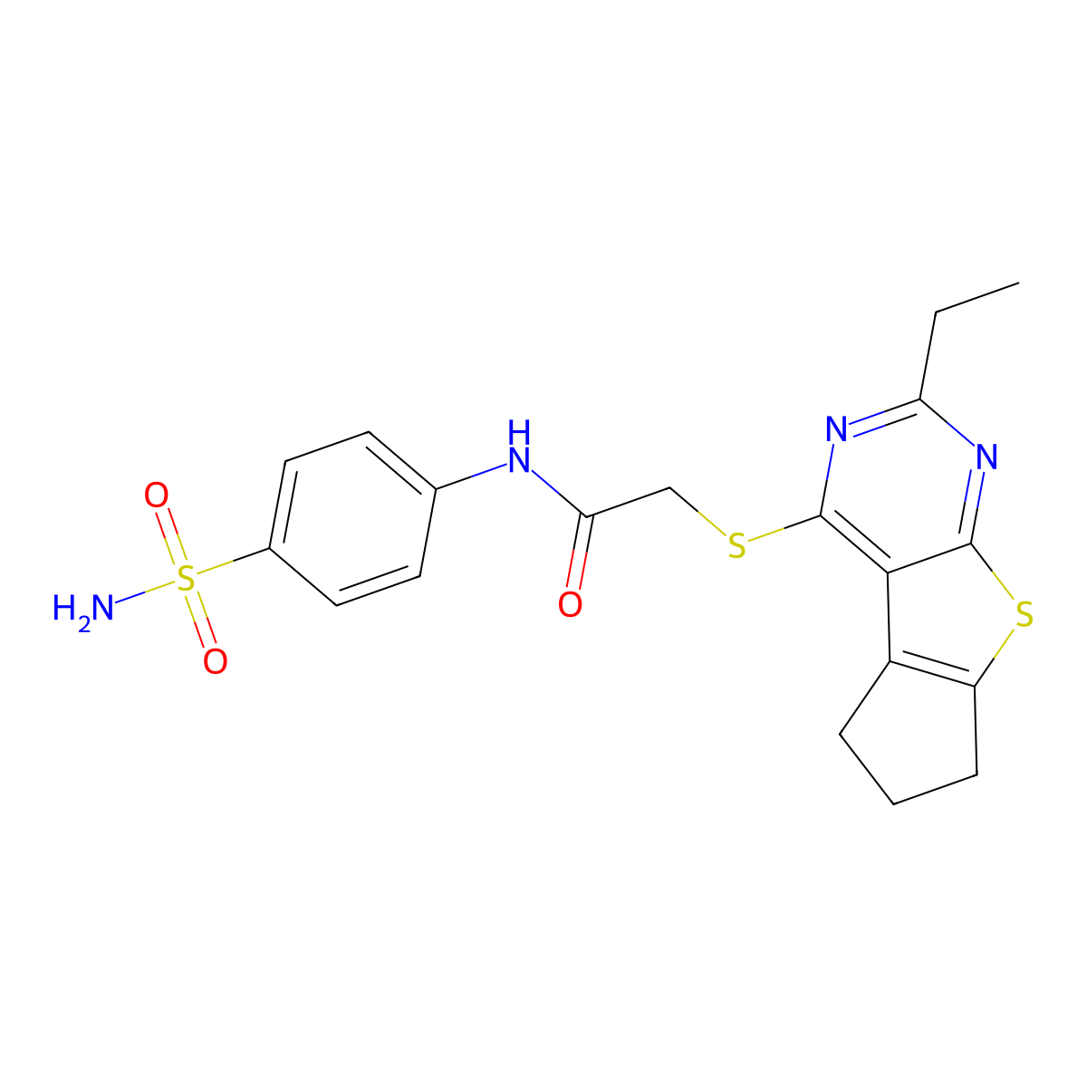 2-({10-ethyl-7-thia-9,11-diazatricyclo[6.4.0.0^{2,6}]dodeca-1(8),2(6),9,11-tetraen-12-yl}sulfanyl)-N-(4-sulfamoylphenyl)acetamide molecular structure, CAS 690643-73-3
