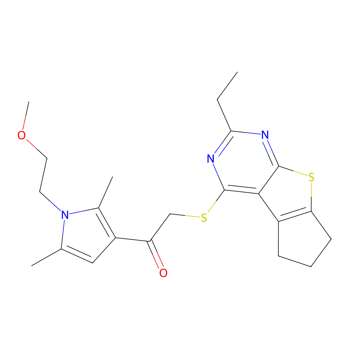 2-({10-ethyl-7-thia-9,11-diazatricyclo[6.4.0.0^{2,6}]dodeca-1(8),2(6),9,11-tetraen-12-yl}sulfanyl)-1-[1-(2-methoxyethyl)-2,5-dimethyl-1H-pyrrol-3-yl]ethan-1-one molecular structure, CAS 690643-78-8