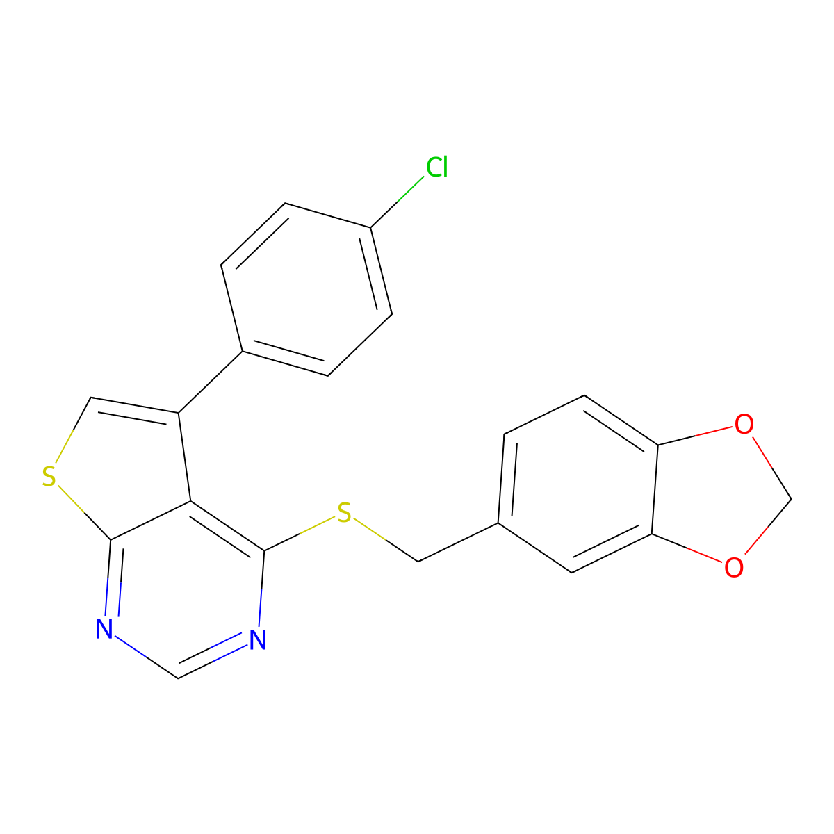 4-((Benzo[d][1,3]dioxol-5-ylmethyl)thio)-5-(4-chlorophenyl)thieno[2,3-d]pyrimidine molecular structure, CAS 690644-02-1