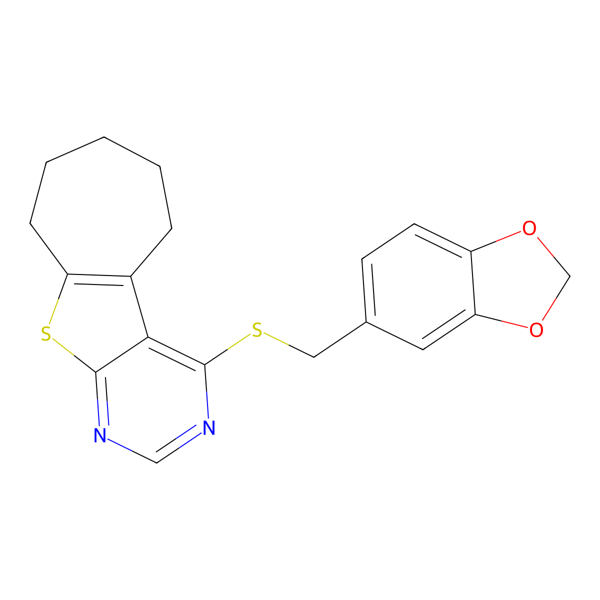 4-((benzo[d][1,3]dioxol-5-ylmethyl)thio)-6,7,8,9-tetrahydro-5H-cyclohepta[4,5]thieno[2,3-d]pyrimidine molecular structure, CAS 690644-05-4