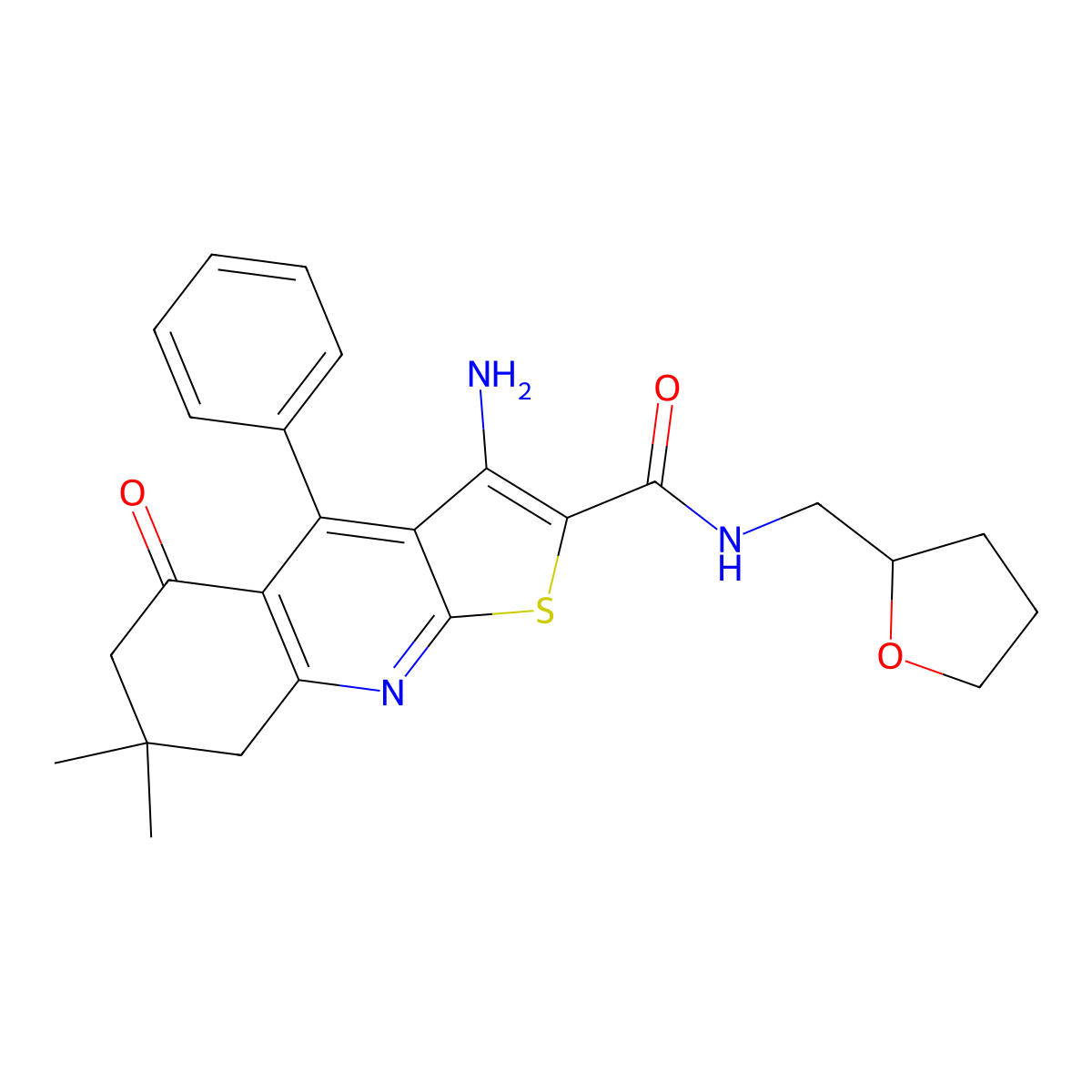 3-amino-7,7-dimethyl-5-oxo-N-[(oxolan-2-yl)methyl]-4-phenyl-5H,6H,7H,8H-thieno[2,3-b]quinoline-2-carboxamide molecular structure, CAS 690644-19-0