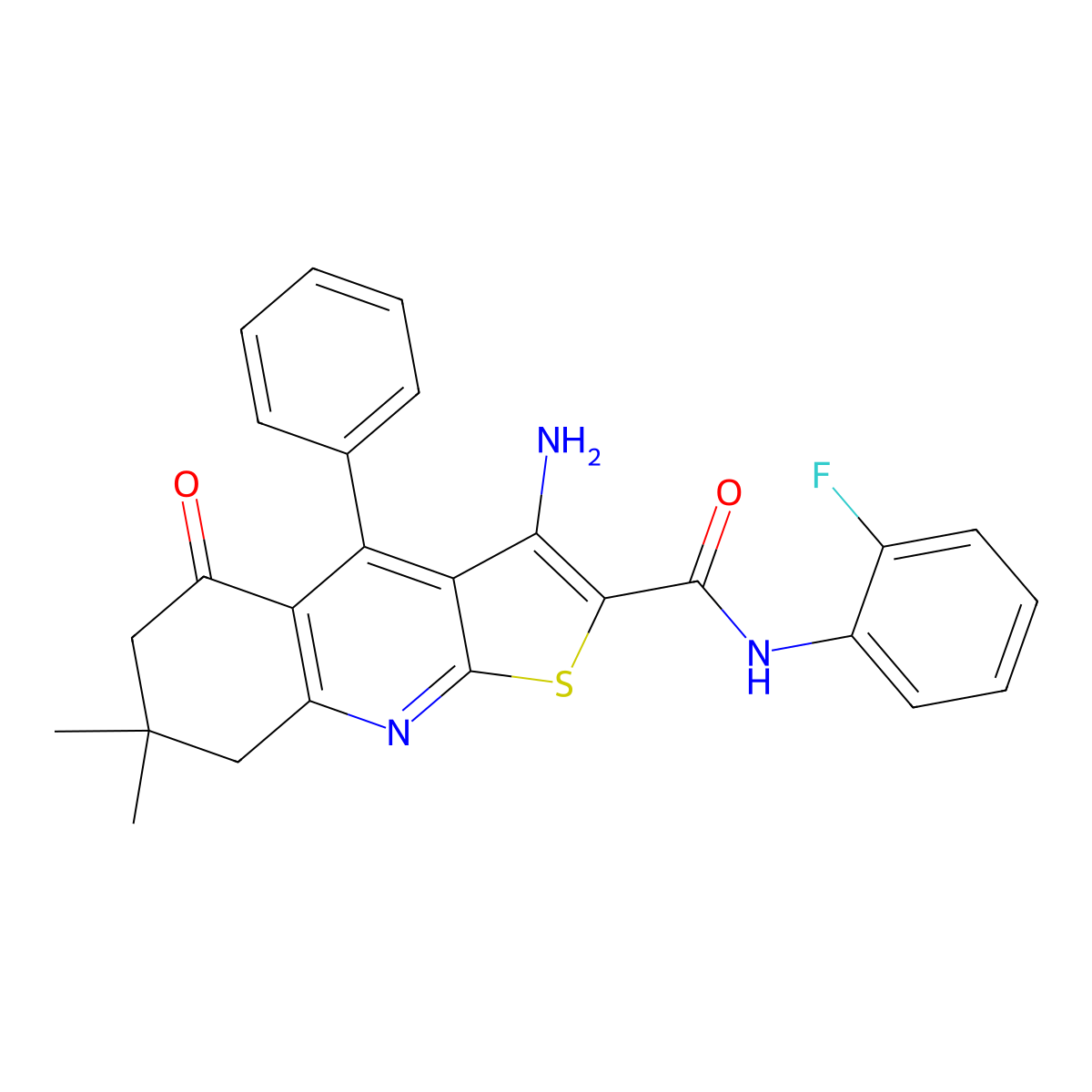 3-amino-N-(2-fluorophenyl)-7,7-dimethyl-5-oxo-4-phenyl-5,6,7,8-tetrahydrothieno[2,3-b]quinoline-2-carboxamide molecular structure, CAS 690644-21-4