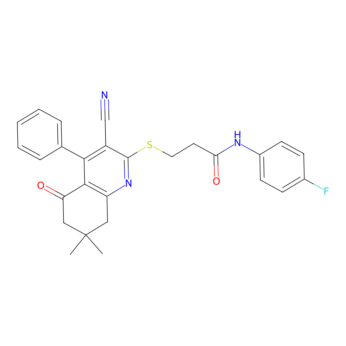 3-[(3-cyano-7,7-dimethyl-5-oxo-4-phenyl-5,6,7,8-tetrahydroquinolin-2-yl)sulfanyl]-N-(4-fluorophenyl)propanamide molecular structure, CAS 690644-39-4