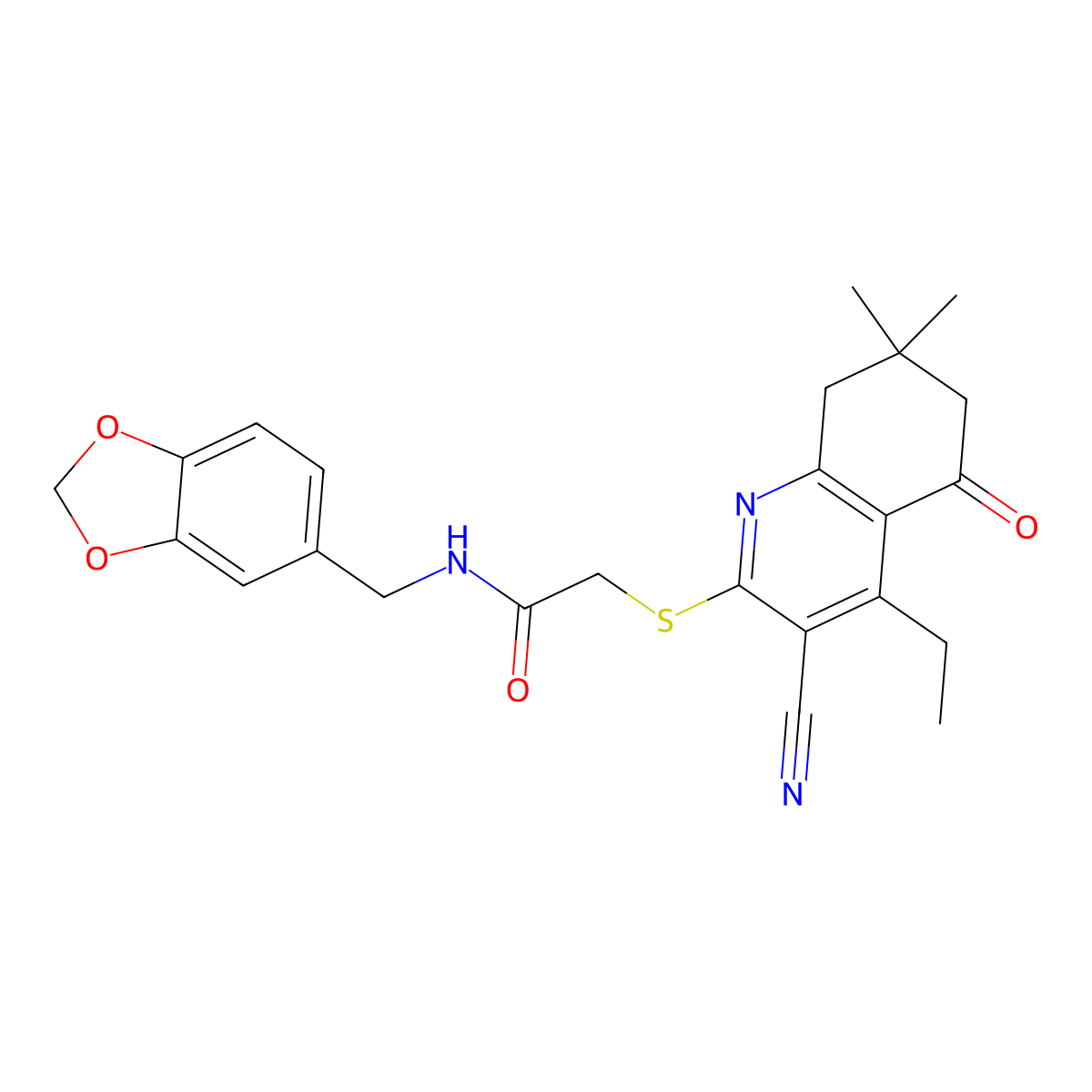 N-[(2H-1,3-benzodioxol-5-yl)methyl]-2-[(3-cyano-4-ethyl-7,7-dimethyl-5-oxo-5,6,7,8-tetrahydroquinolin-2-yl)sulfanyl]acetamide molecular structure, CAS 690644-41-8
