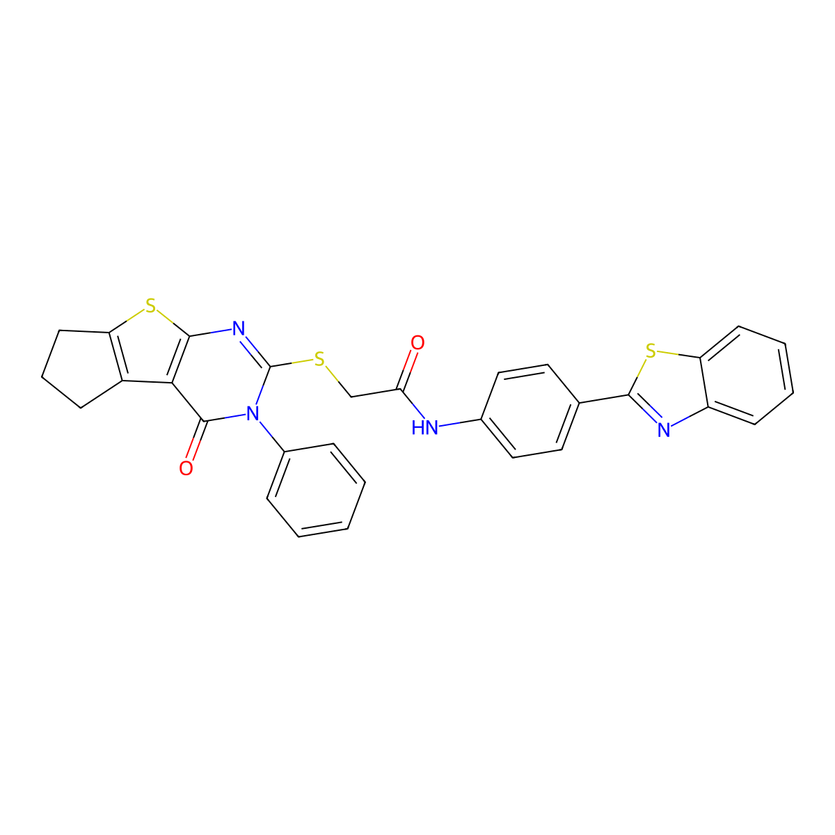 N-[4-(1,3-benzothiazol-2-yl)phenyl]-2-({12-oxo-11-phenyl-7-thia-9,11-diazatricyclo[6.4.0.0^{2,6}]dodeca-1(8),2(6),9-trien-10-yl}sulfanyl)acetamide molecular structure, CAS 690644-49-6