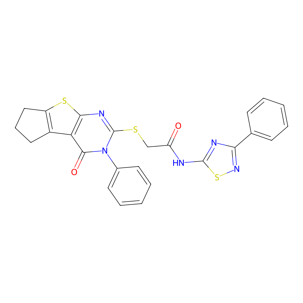 2-({12-oxo-11-phenyl-7-thia-9,11-diazatricyclo[6.4.0.0^{2,6}]dodeca-1(8),2(6),9-trien-10-yl}sulfanyl)-N-(3-phenyl-1,2,4-thiadiazol-5-yl)acetamide molecular structure, CAS 690644-51-0