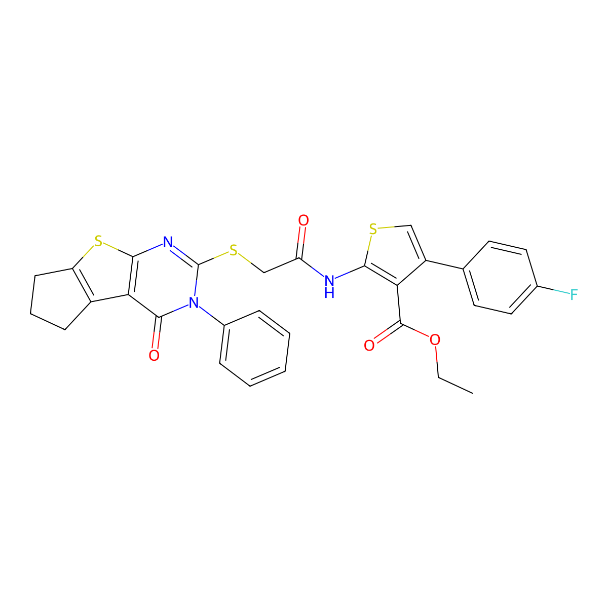 ethyl 4-(4-fluorophenyl)-2-(2-((4-oxo-3-phenyl-4,5,6,7-tetrahydro-3H-cyclopenta[4,5]thieno[2,3-d]pyrimidin-2-yl)thio)acetamido)thiophene-3-carboxylate molecular structure, CAS 690644-53-2