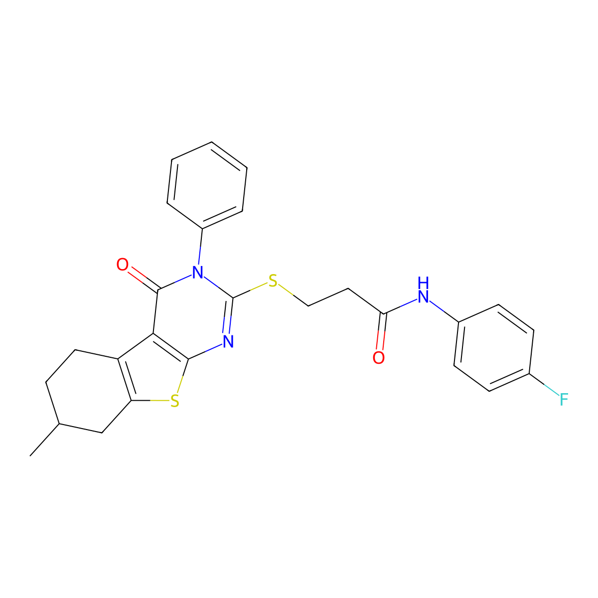 N-(4-fluorophenyl)-3-({11-methyl-3-oxo-4-phenyl-8-thia-4,6-diazatricyclo[7.4.0.0^{2,7}]trideca-1(9),2(7),5-trien-5-yl}sulfanyl)propanamide molecular structure, CAS 690644-55-4