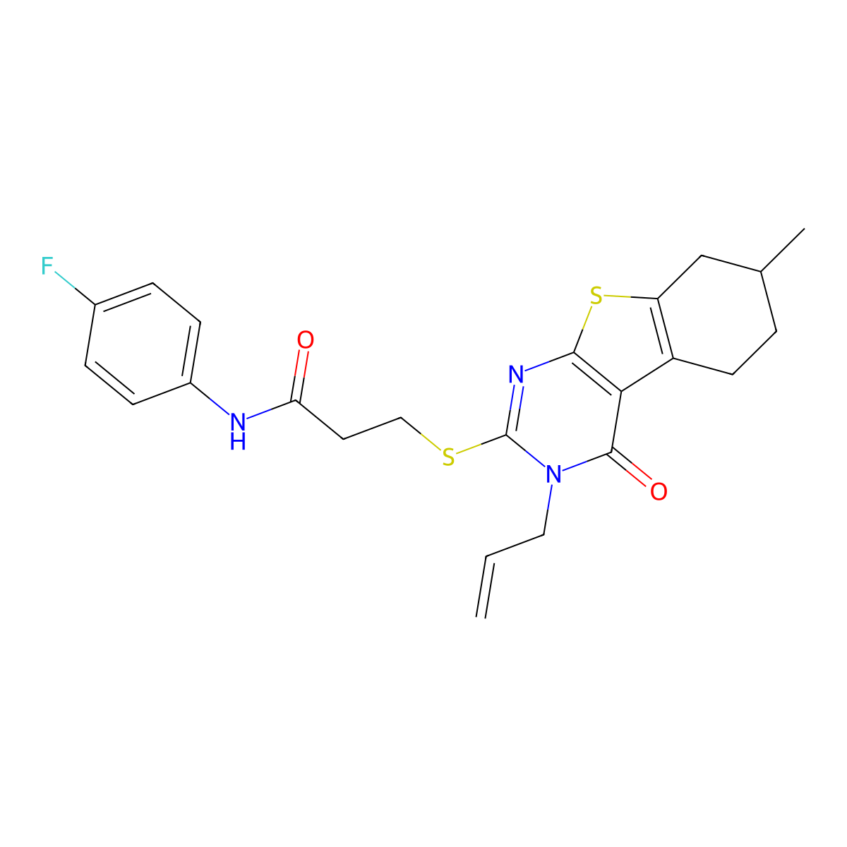 N-(4-fluorophenyl)-3-{[11-methyl-3-oxo-4-(prop-2-en-1-yl)-8-thia-4,6-diazatricyclo[7.4.0.0^{2,7}]trideca-1(9),2(7),5-trien-5-yl]sulfanyl}propanamide molecular structure, CAS 690644-57-6
