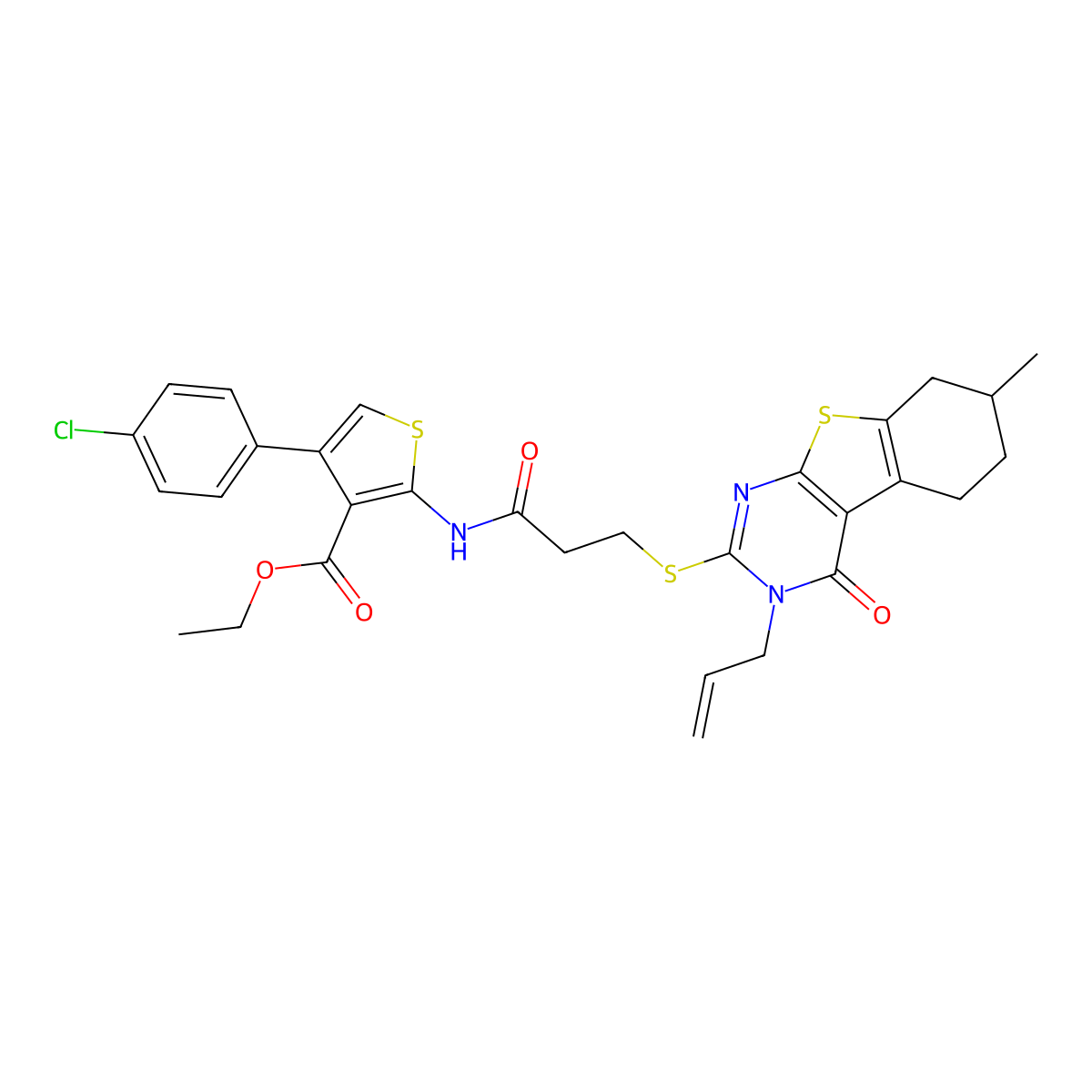 Ethyl 4-(4-chlorophenyl)-2-[3-[(7-methyl-4-oxo-3-prop-2-enyl-5,6,7,8-tetrahydro-[1]benzothiolo[2,3-d]pyrimidin-2-yl)sulfanyl]propanoylamino]thiophene-3-carboxylate molecular structure, CAS 690644-59-8