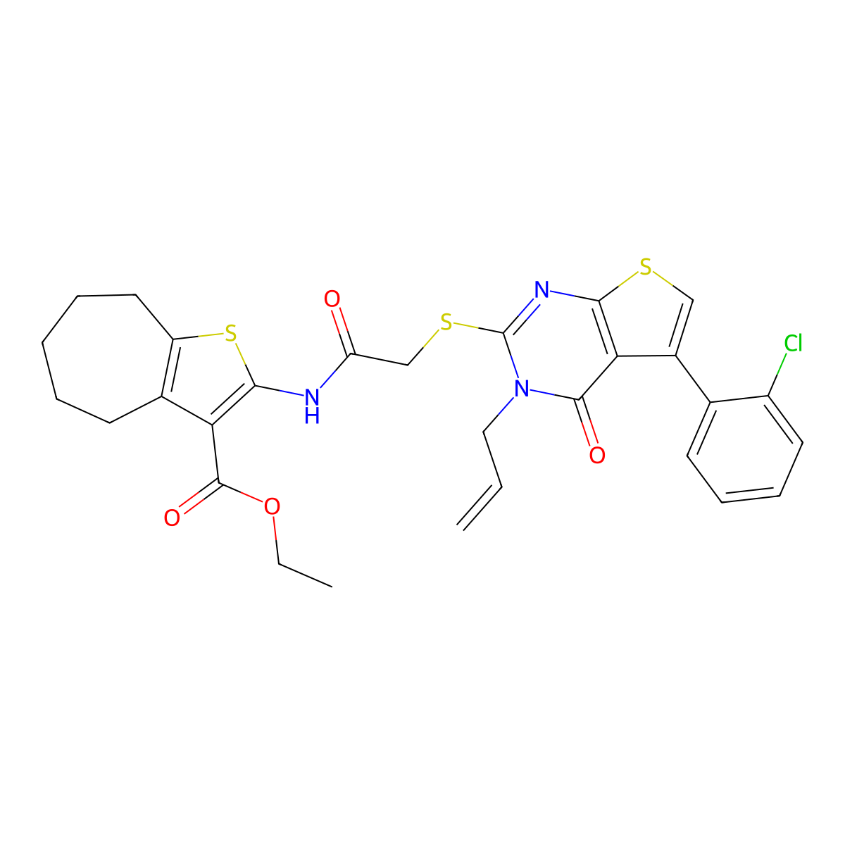 ethyl 2-[[2-[5-(2-chlorophenyl)-4-oxo-3-prop-2-enylthieno[2,3-d]pyrimidin-2-yl]sulfanylacetyl]amino]-5,6,7,8-tetrahydro-4H-cyclohepta[b]thiophene-3-carboxylate molecular structure, CAS 690644-61-2