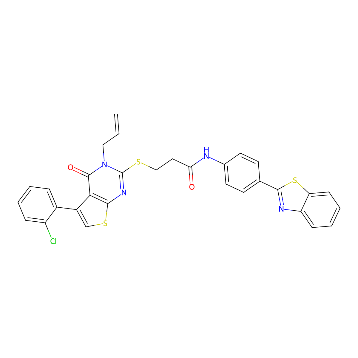 3-((3-allyl-5-(2-chlorophenyl)-4-oxo-3,4-dihydrothieno[2,3-d]pyrimidin-2-yl)thio)-N-(4-(benzo[d]thiazol-2-yl)phenyl)propanamide molecular structure, CAS 690644-63-4