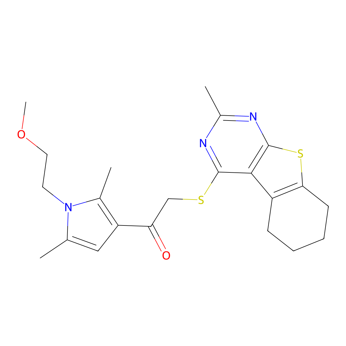 1-[1-(2-Methoxyethyl)-2,5-dimethylpyrrol-3-yl]-2-[(2-methyl-5,6,7,8-tetrahydro-[1]benzothiolo[2,3-d]pyrimidin-4-yl)sulfanyl]ethanone molecular structure, CAS 690644-70-3