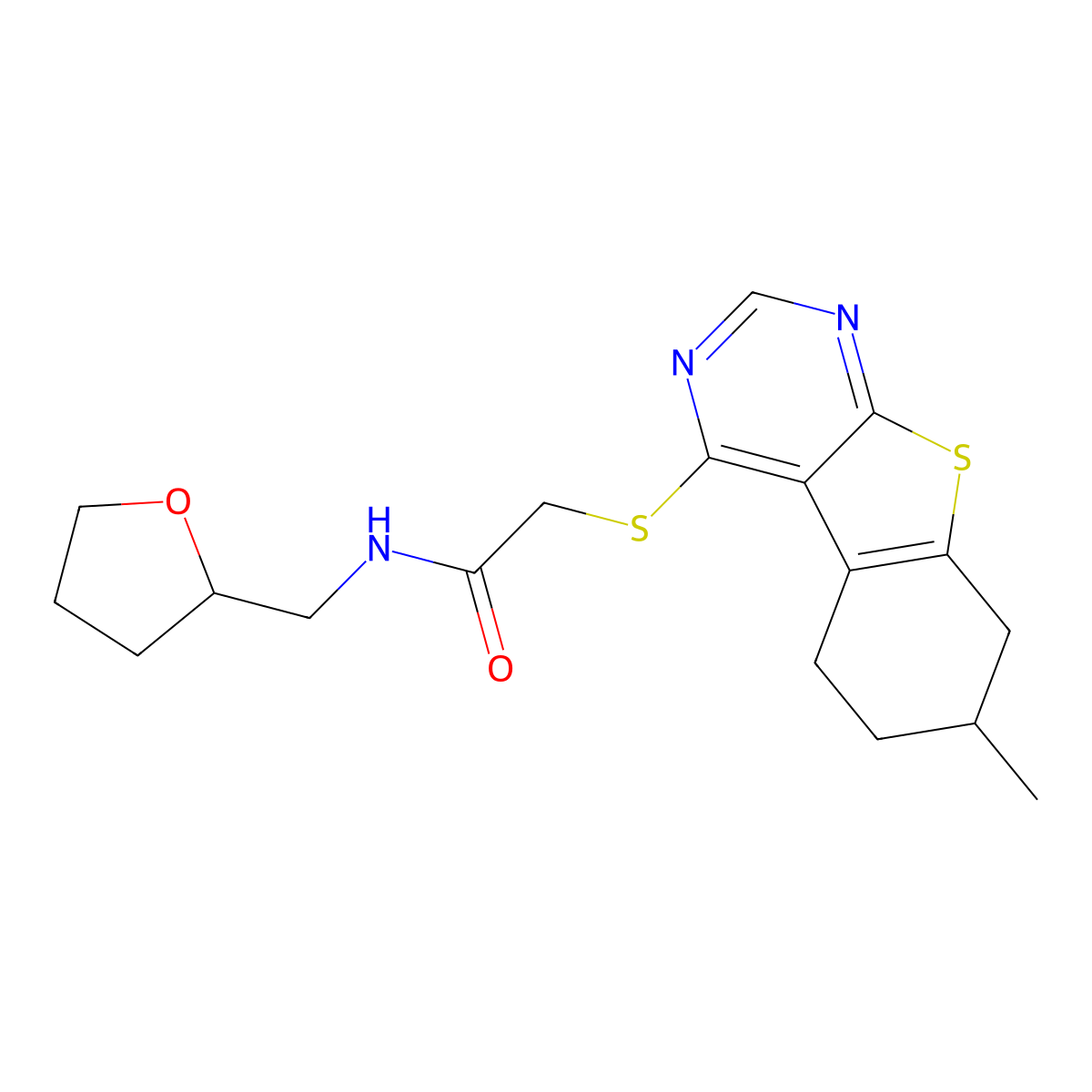 2-({11-methyl-8-thia-4,6-diazatricyclo[7.4.0.0^{2,7}]trideca-1(9),2(7),3,5-tetraen-3-yl}sulfanyl)-N-[(oxolan-2-yl)methyl]acetamide molecular structure, CAS 690644-72-5