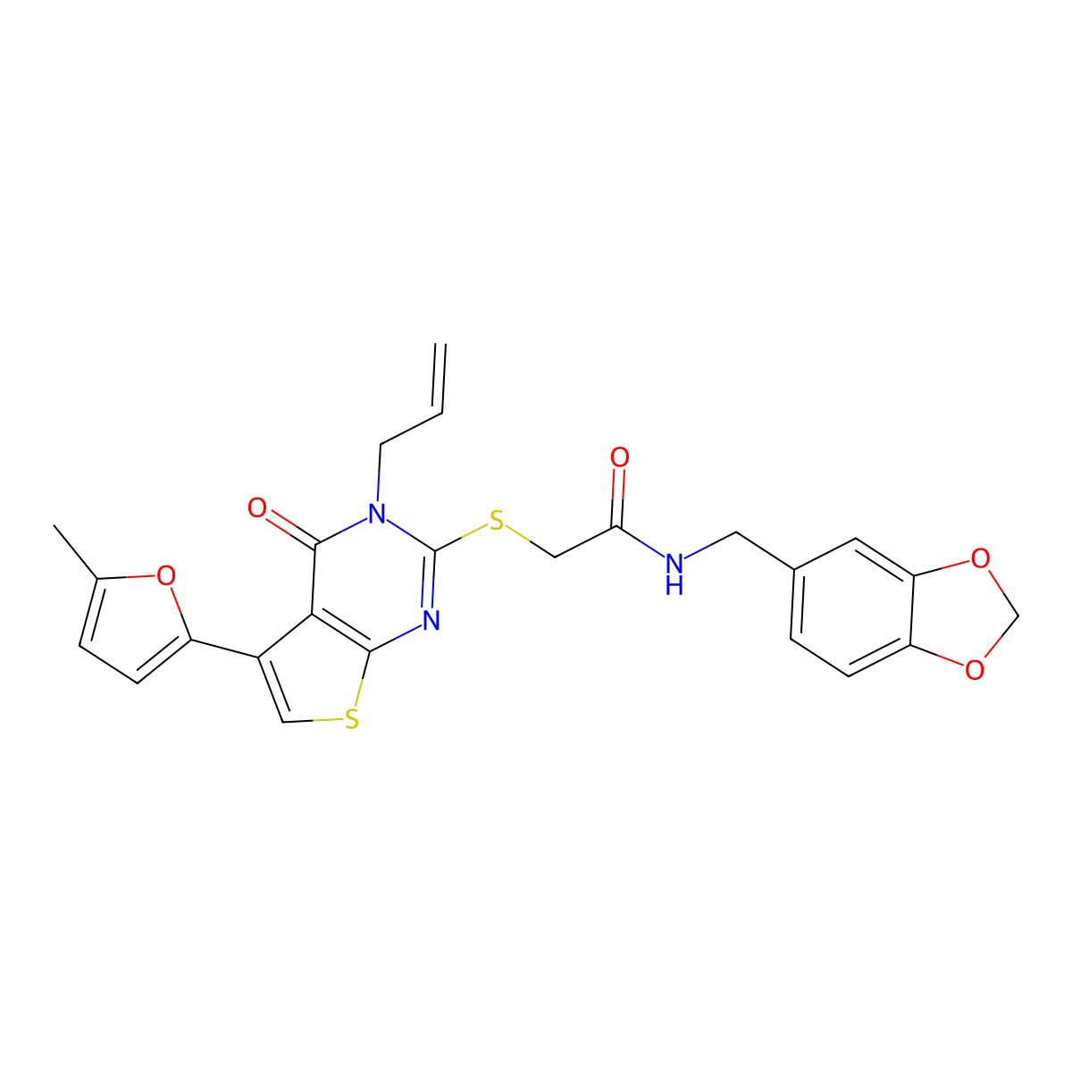 N-[(2H-1,3-benzodioxol-5-yl)methyl]-2-{[5-(5-methylfuran-2-yl)-4-oxo-3-(prop-2-en-1-yl)-3H,4H-thieno[2,3-d]pyrimidin-2-yl]sulfanyl}acetamide molecular structure, CAS 690644-73-6
