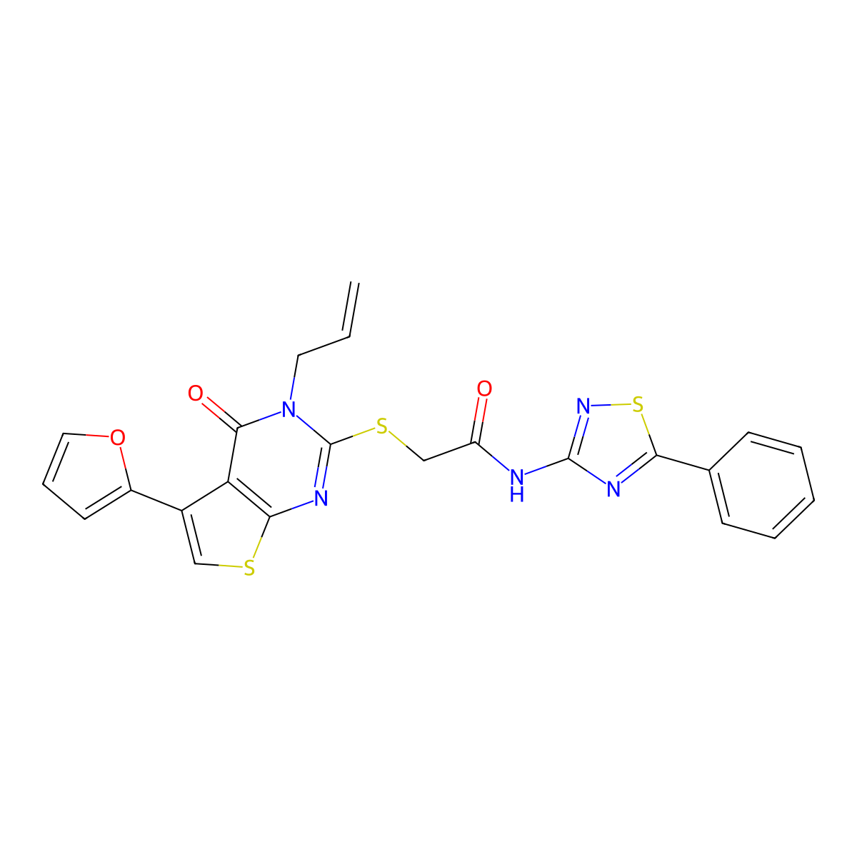 2-{[5-(furan-2-yl)-4-oxo-3-(prop-2-en-1-yl)-3H,4H-thieno[2,3-d]pyrimidin-2-yl]sulfanyl}-N-(5-phenyl-1,2,4-thiadiazol-3-yl)acetamide molecular structure, CAS 690644-75-8