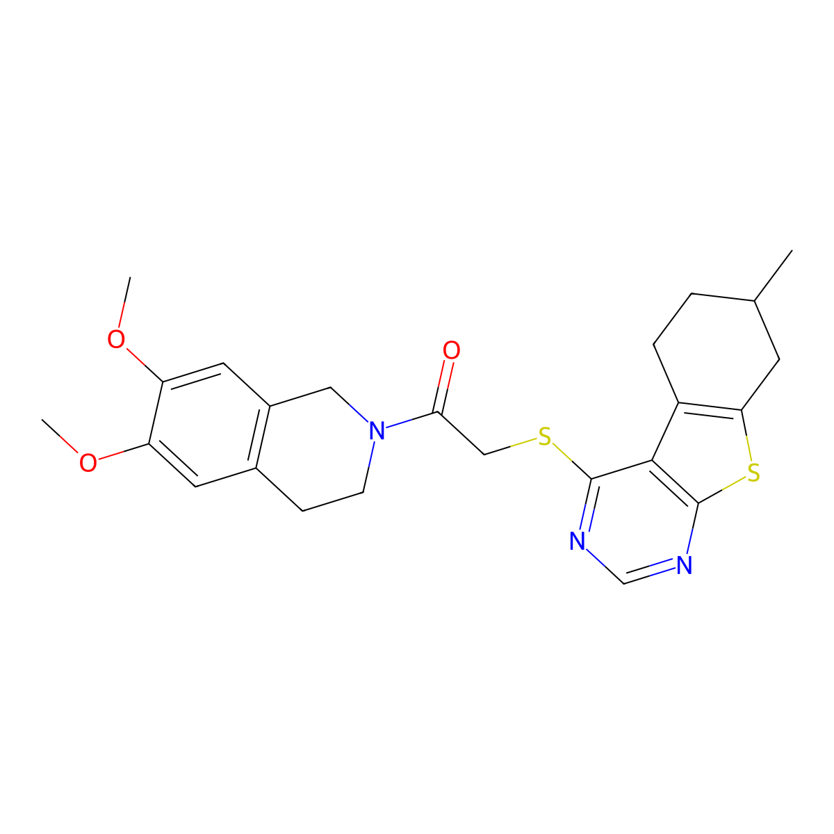 1-(6,7-dimethoxy-3,4-dihydro-1H-isoquinolin-2-yl)-2-[(7-methyl-5,6,7,8-tetrahydro-[1]benzothiolo[2,3-d]pyrimidin-4-yl)sulfanyl]ethanone molecular structure, CAS 690644-76-9