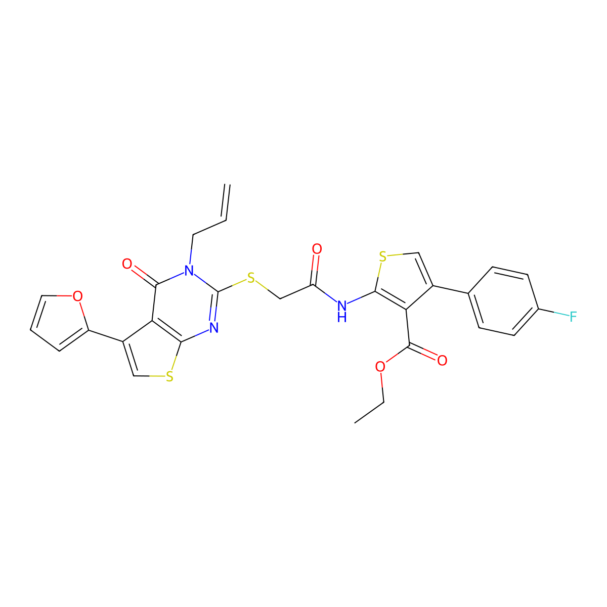 Ethyl 4-(4-fluorophenyl)-2-[[2-[5-(furan-2-yl)-4-oxo-3-prop-2-enylthieno[2,3-d]pyrimidin-2-yl]sulfanylacetyl]amino]thiophene-3-carboxylate molecular structure, CAS 690644-77-0