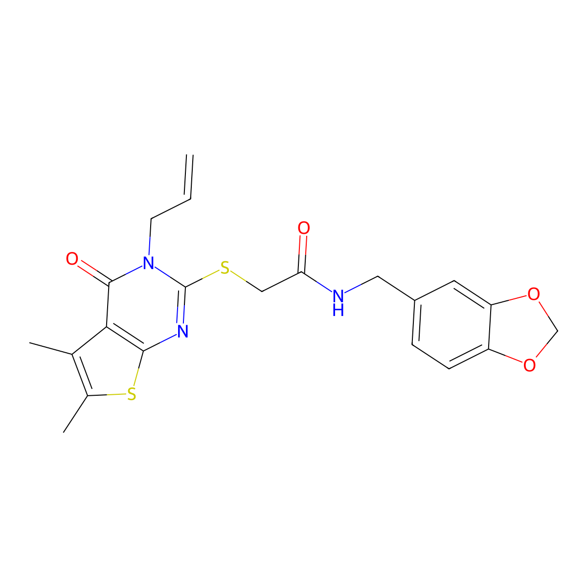 2-((3-allyl-5,6-dimethyl-4-oxo-3,4-dihydrothieno[2,3-d]pyrimidin-2-yl)thio)-N-(benzo[d][1,3]dioxol-5-ylmethyl)acetamide molecular structure, CAS 690644-78-1