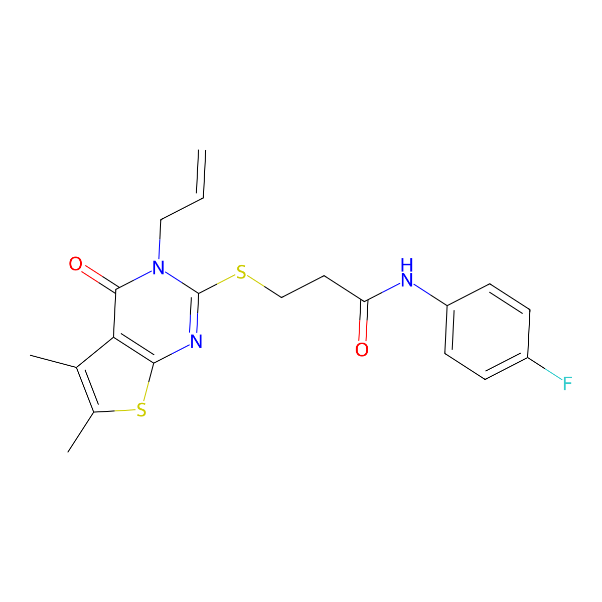 3-(5,6-dimethyl-4-oxo-3-prop-2-enylthieno[2,3-d]pyrimidin-2-yl)sulfanyl-N-(4-fluorophenyl)propanamide molecular structure, CAS 690644-82-7