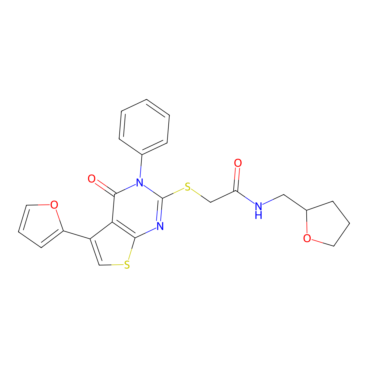 2-{[5-(2-furyl)-4-oxo-3-phenyl-3,4-dihydrothieno[2,3-d]pyrimidin-2-yl]thio}-N-(tetrahydro-2-furanylmethyl)acetamide molecular structure, CAS 690644-83-8