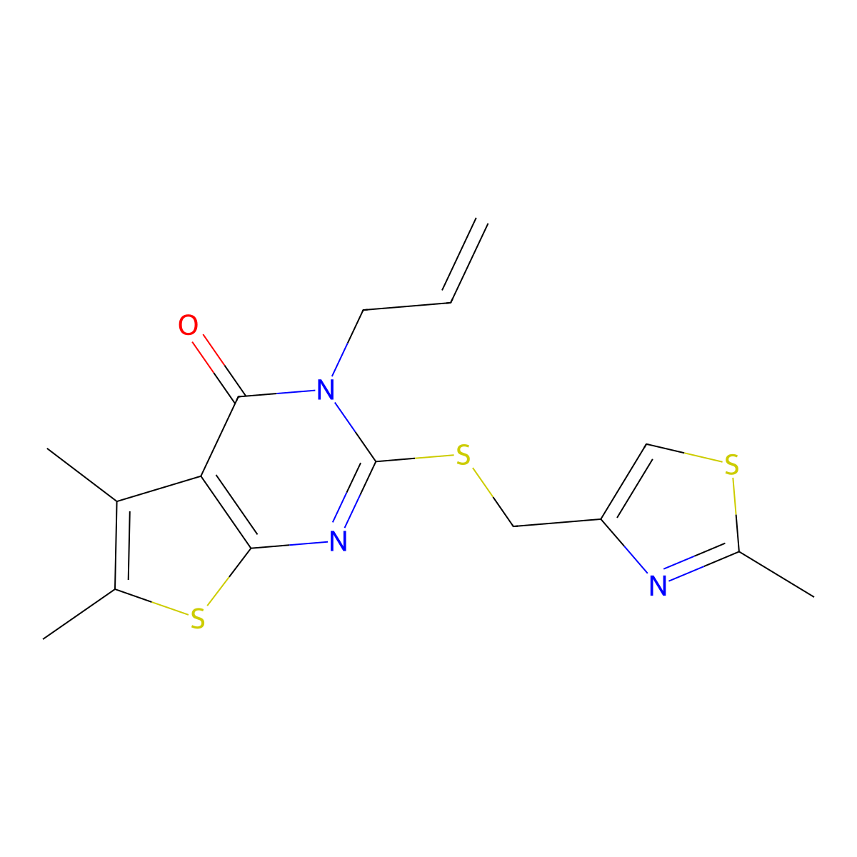 3-allyl-5,6-dimethyl-2-(((2-methylthiazol-4-yl)methyl)thio)thieno[2,3-d]pyrimidin-4(3H)-one molecular structure, CAS 690644-84-9
