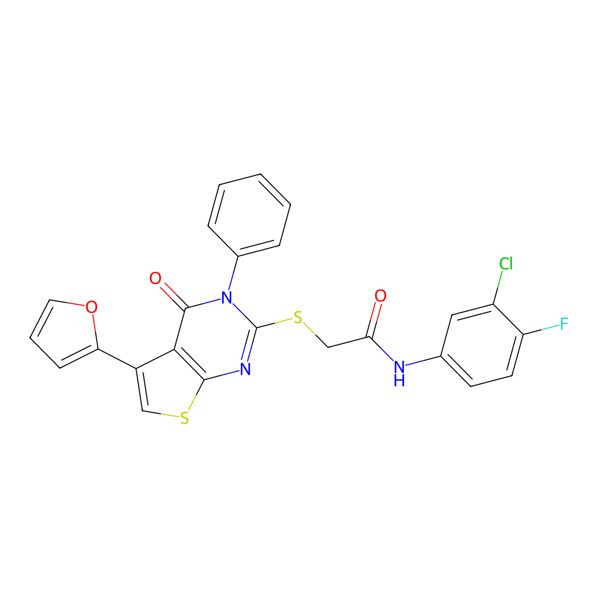 N-(3-chloro-4-fluorophenyl)-2-[5-(furan-2-yl)-4-oxo-3-phenylthieno[2,3-d]pyrimidin-2-yl]sulfanylacetamide molecular structure, CAS 690644-85-0