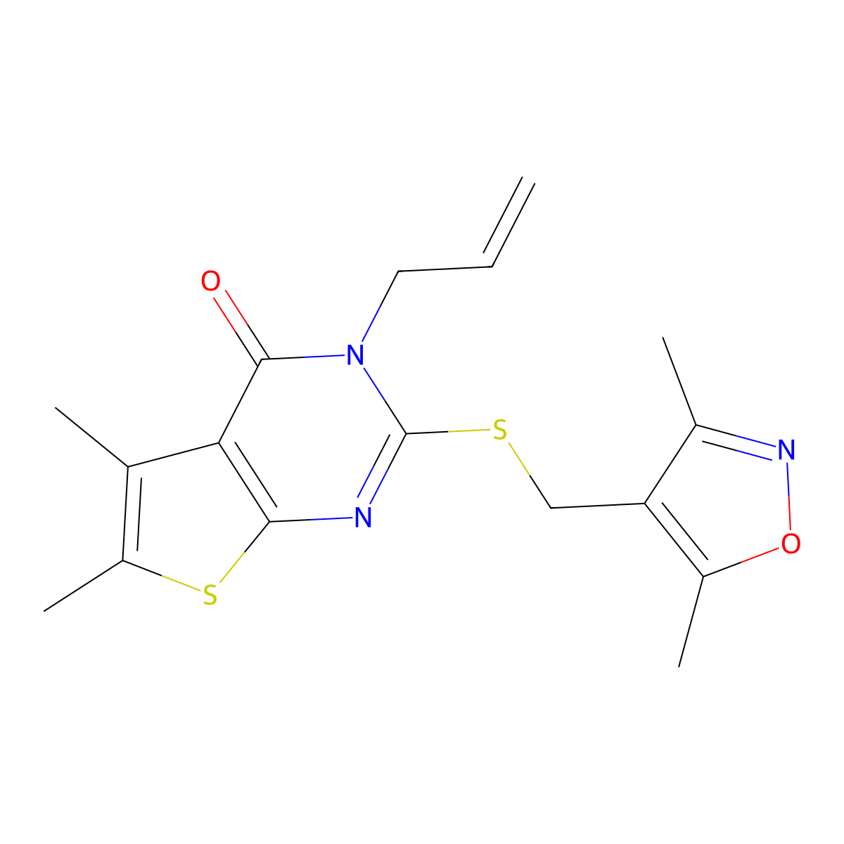 3-allyl-2-(((3,5-dimethylisoxazol-4-yl)methyl)thio)-5,6-dimethylthieno[2,3-d]pyrimidin-4(3H)-one molecular structure, CAS 690644-86-1