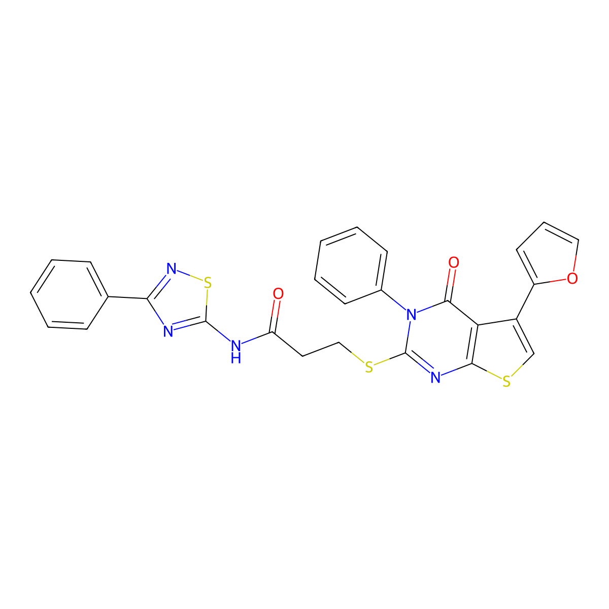 3-[5-(furan-2-yl)-4-oxo-3-phenylthieno[2,3-d]pyrimidin-2-yl]sulfanyl-N-(3-phenyl-1,2,4-thiadiazol-5-yl)propanamide molecular structure, CAS 690644-89-4