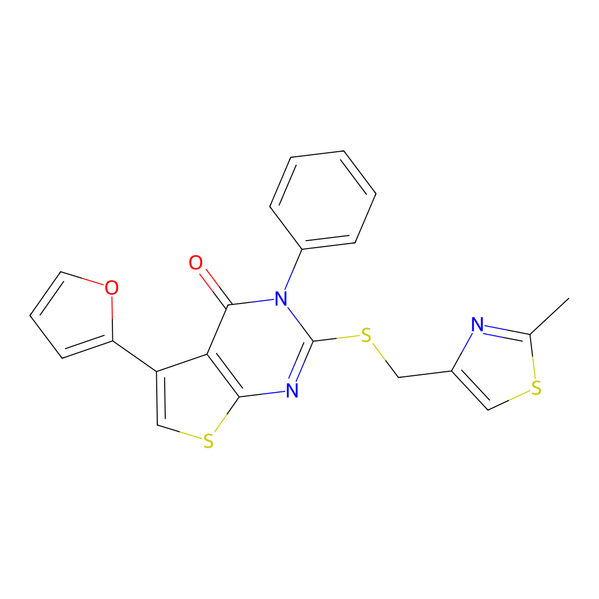 5-(Furan-2-yl)-2-[(2-methyl-1,3-thiazol-4-yl)methylsulfanyl]-3-phenylthieno[2,3-d]pyrimidin-4-one molecular structure, CAS 690644-97-4