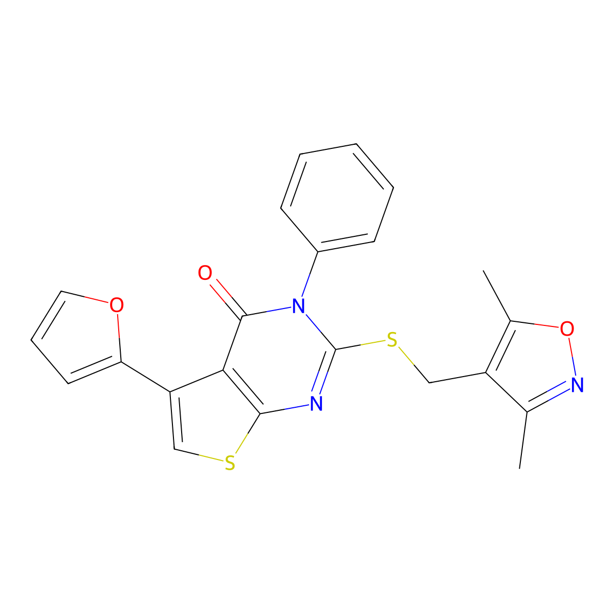 2-(((3,5-dimethylisoxazol-4-yl)methyl)thio)-5-(furan-2-yl)-3-phenylthieno[2,3-d]pyrimidin-4(3H)-one molecular structure, CAS 690645-01-3
