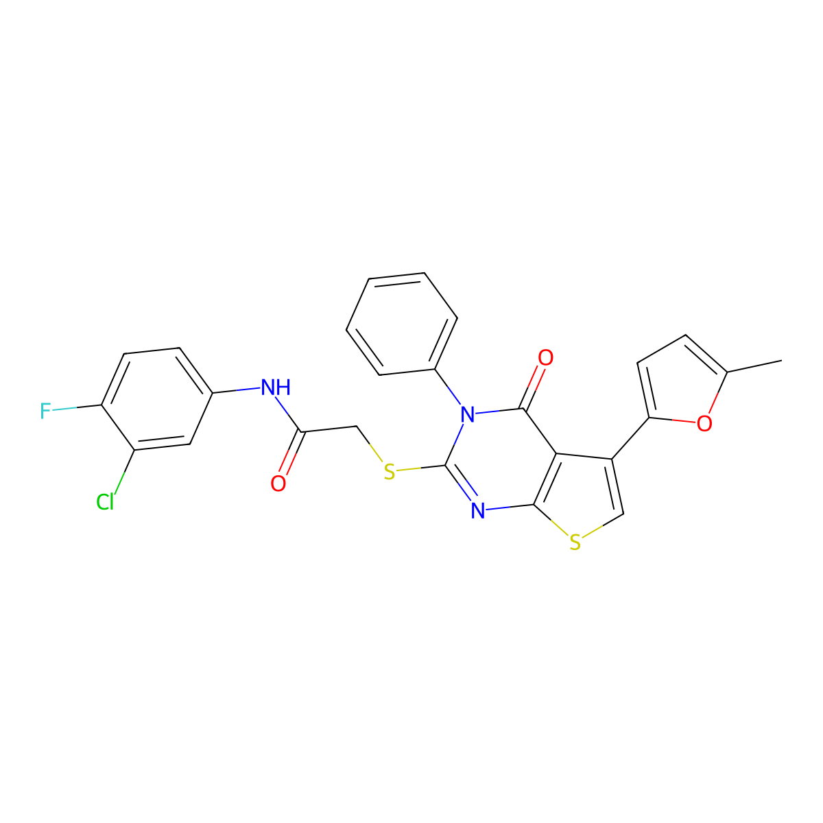 N-(3-chloro-4-fluorophenyl)-2-[5-(5-methylfuran-2-yl)-4-oxo-3-phenylthieno[2,3-d]pyrimidin-2-yl]sulfanylacetamide molecular structure, CAS 690645-03-5