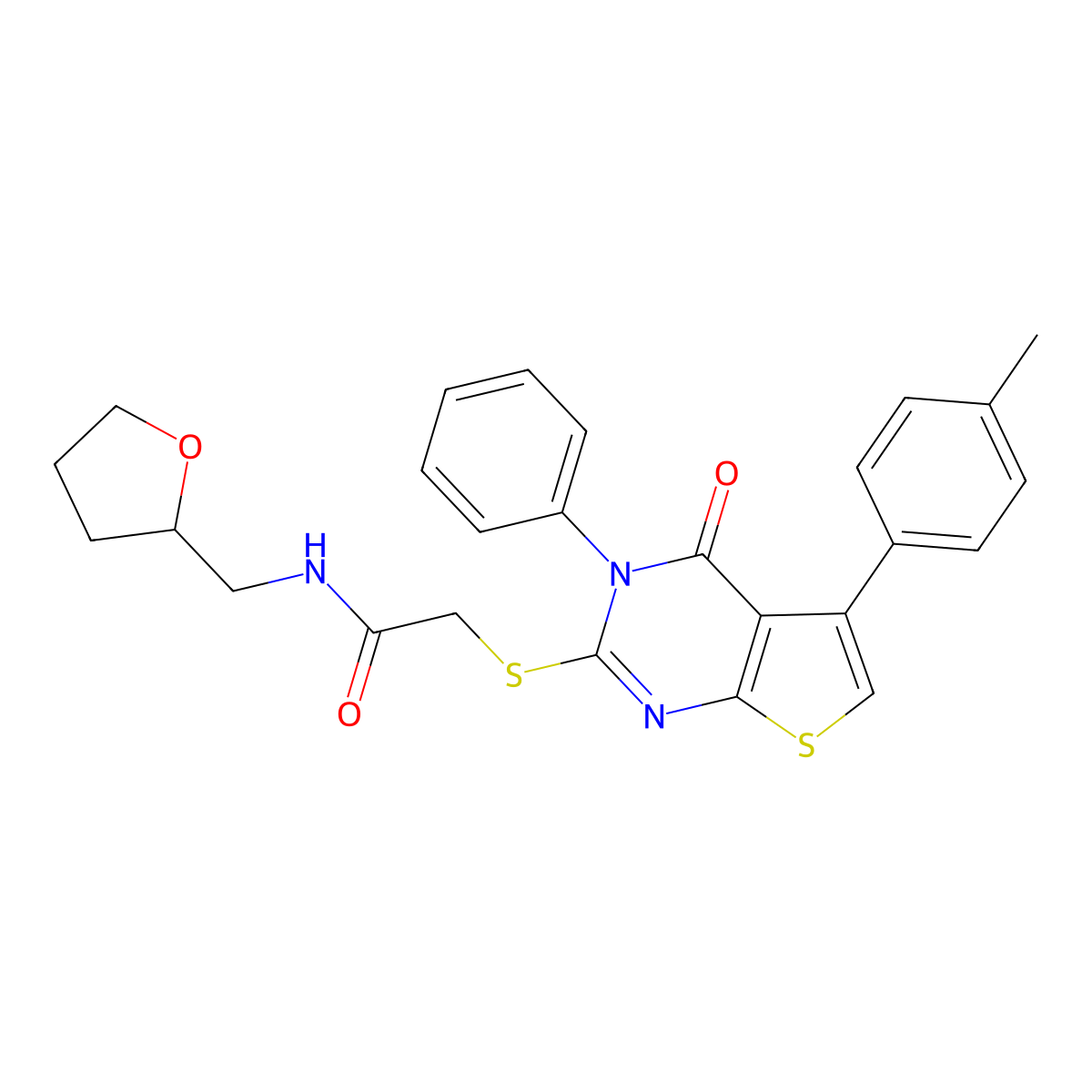 2-{[5-(4-methylphenyl)-4-oxo-3-phenyl-3H,4H-thieno[2,3-d]pyrimidin-2-yl]sulfanyl}-N-[(oxolan-2-yl)methyl]acetamide molecular structure, CAS 690645-07-9