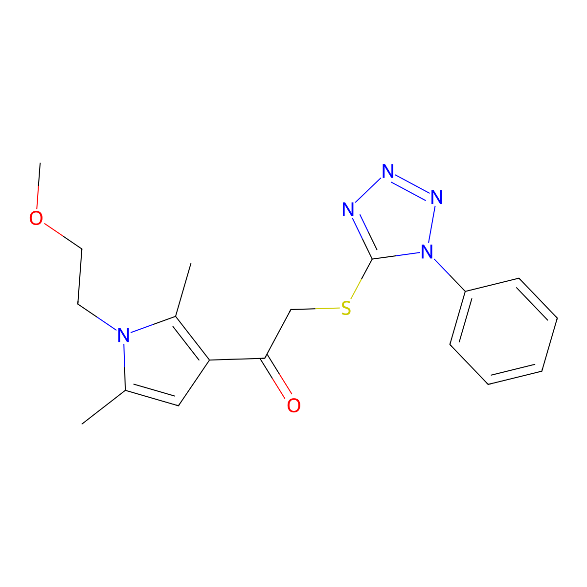 1-(1-(2-methoxyethyl)-2,5-dimethyl-1H-pyrrol-3-yl)-2-((1-phenyl-1H-tetrazol-5-yl)thio)ethanone molecular structure, CAS 690645-12-6