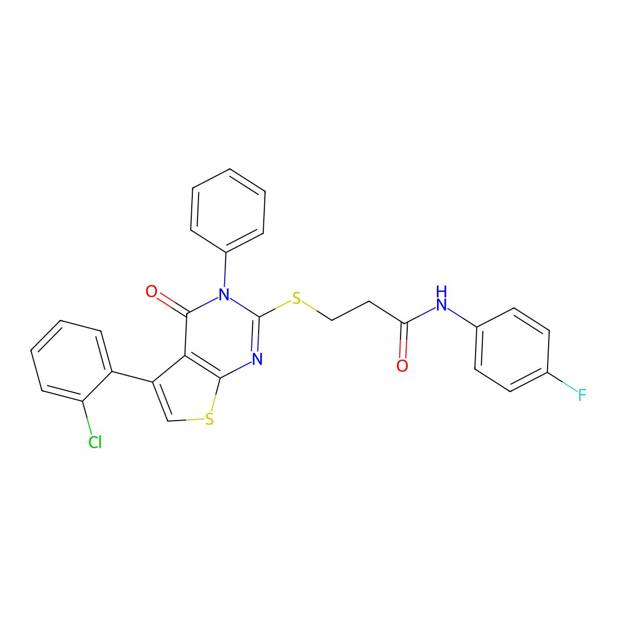 3-[5-(2-chlorophenyl)-4-oxo-3-phenylthieno[2,3-d]pyrimidin-2-yl]sulfanyl-N-(4-fluorophenyl)propanamide molecular structure, CAS 690645-21-7