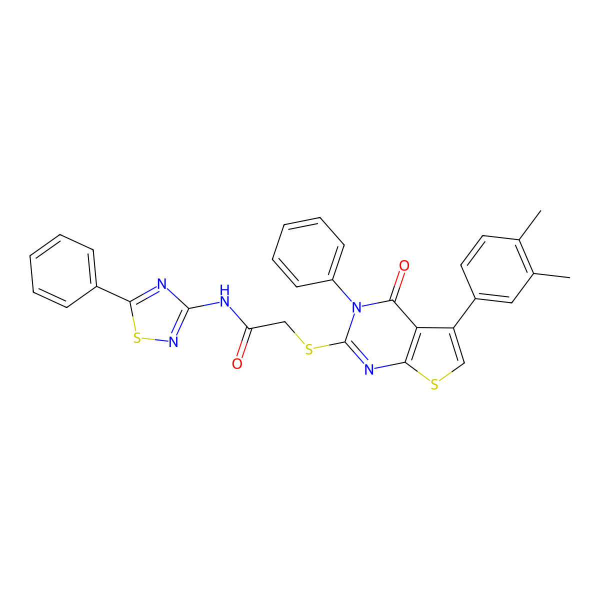 2-[5-(3,4-dimethylphenyl)-4-oxo-3-phenylthieno[2,3-d]pyrimidin-2-yl]sulfanyl-N-(5-phenyl-1,2,4-thiadiazol-3-yl)acetamide molecular structure, CAS 690645-23-9