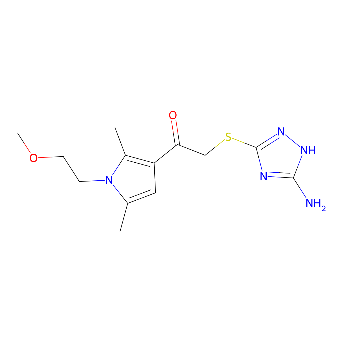 2-((5-amino-1H-1,2,4-triazol-3-yl)thio)-1-(1-(2-methoxyethyl)-2,5-dimethyl-1H-pyrrol-3-yl)ethanone molecular structure, CAS 690645-27-3