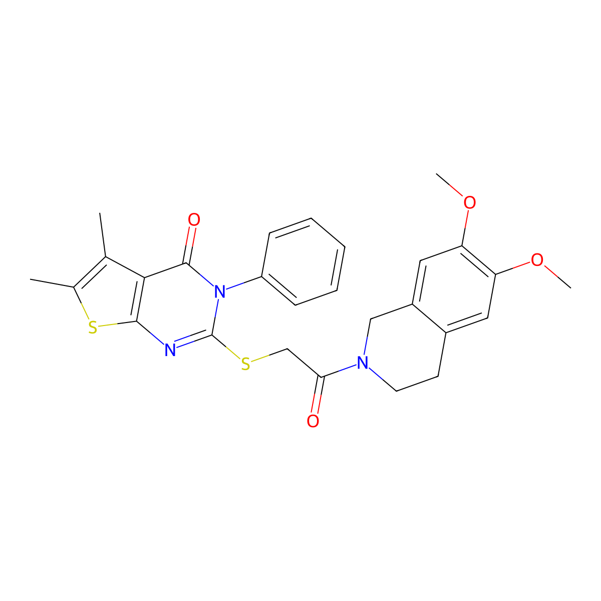 2-[2-(6,7-dimethoxy-3,4-dihydro-1H-isoquinolin-2-yl)-2-oxoethyl]sulfanyl-5,6-dimethyl-3-phenylthieno[2,3-d]pyrimidin-4-one molecular structure, CAS 690645-35-3