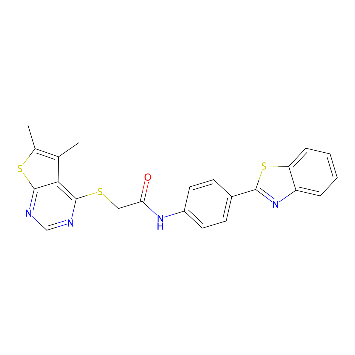 N-(4-(benzo[d]thiazol-2-yl)phenyl)-2-((5,6-dimethylthieno[2,3-d]pyrimidin-4-yl)thio)acetamide molecular structure, CAS 690645-37-5