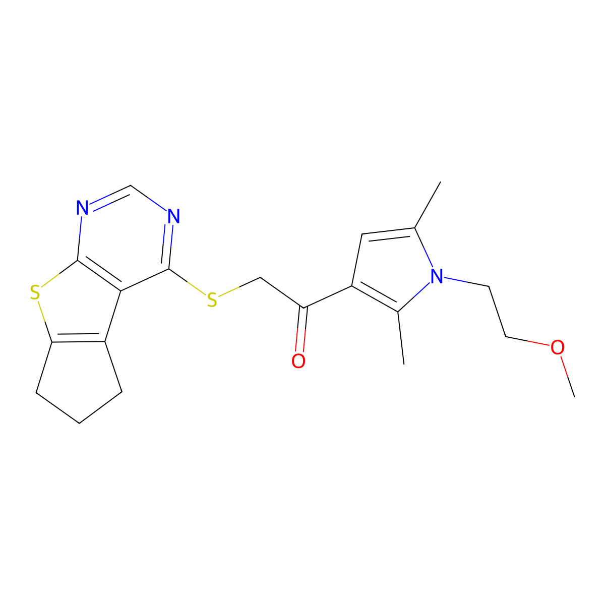 2-(6,7-dihydro-5H-cyclopenta[4,5]thieno[2,3-d]pyrimidin-4-ylthio)-1-[1-(2-methoxyethyl)-2,5-dimethyl-1H-pyrrol-3-yl]ethanone molecular structure, CAS 690645-41-1
