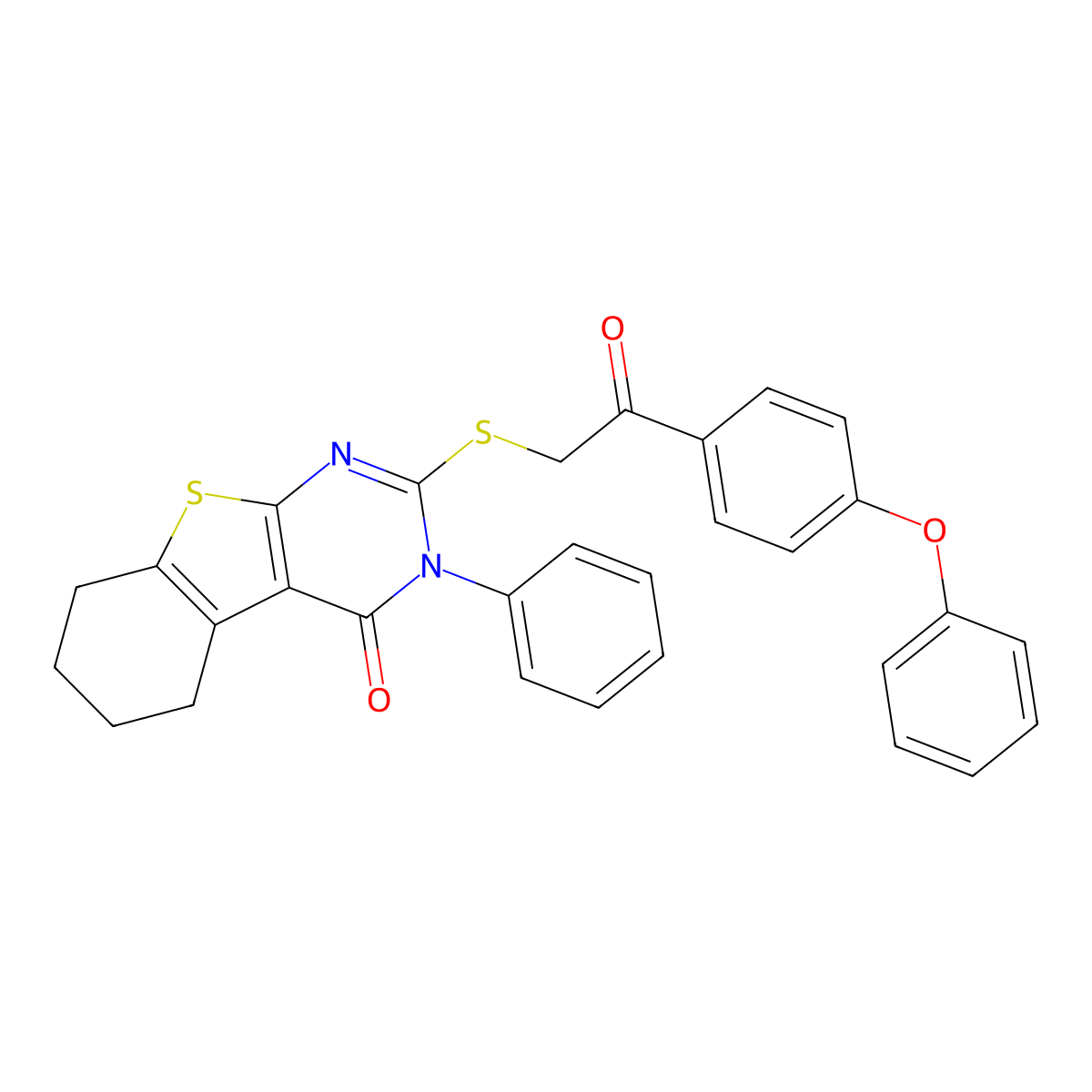 2-[2-Oxo-2-(4-phenoxyphenyl)ethyl]sulfanyl-3-phenyl-5,6,7,8-tetrahydro-[1]benzothiolo[2,3-d]pyrimidin-4-one molecular structure, CAS 690646-26-5