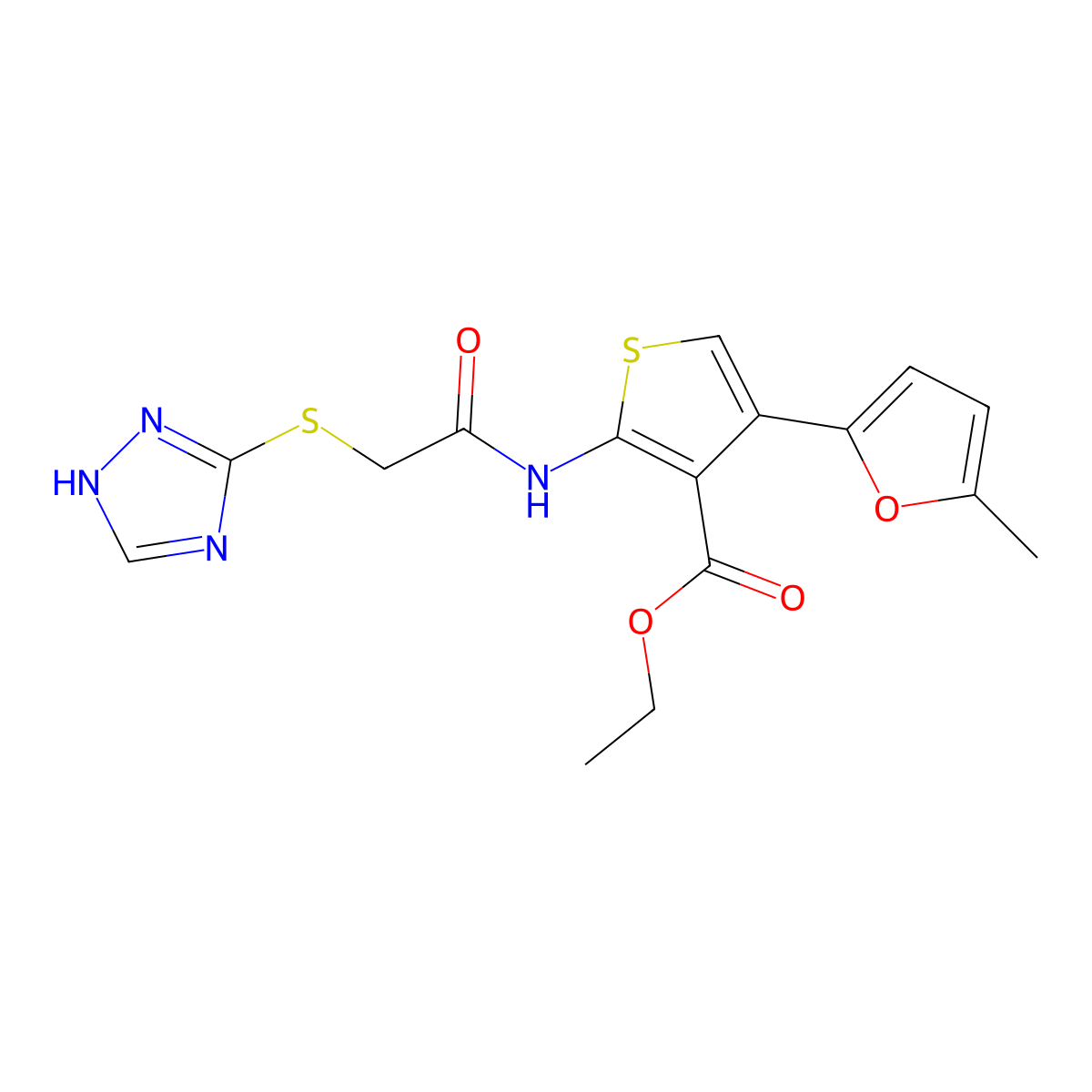 4-(5-methyl-2-furanyl)-2-[[1-oxo-2-(1H-1,2,4-triazol-5-ylthio)ethyl]amino]-3-thiophenecarboxylic acid ethyl ester molecular structure, CAS 690646-84-5
