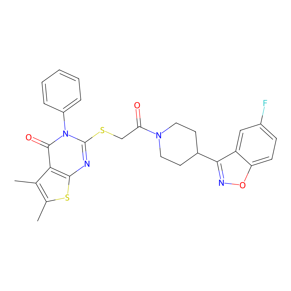 2-((2-(4-(5-fluorobenzo[d]isoxazol-3-yl)piperidin-1-yl)-2-oxoethyl)thio)-5,6-dimethyl-3-phenylthieno[2,3-d]pyrimidin-4(3H)-one molecular structure, CAS 690647-13-3
