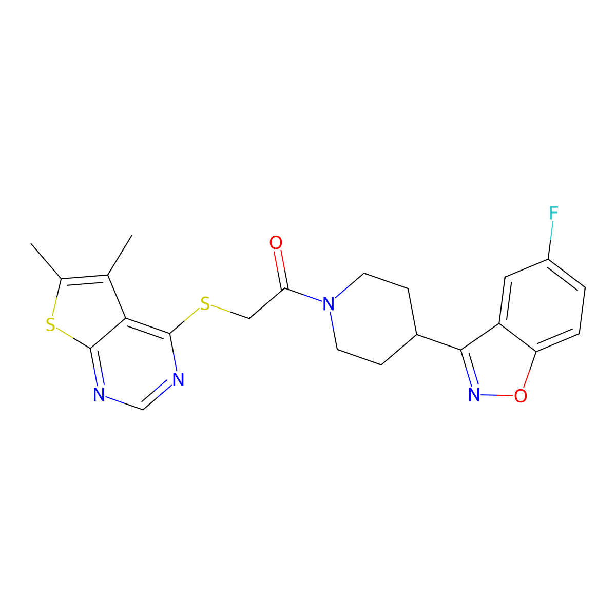2-((5,6-Dimethylthieno[2,3-d]pyrimidin-4-yl)thio)-1-(4-(5-fluorobenzo[d]isoxazol-3-yl)piperidin-1-yl)ethanone molecular structure, CAS 690647-15-5