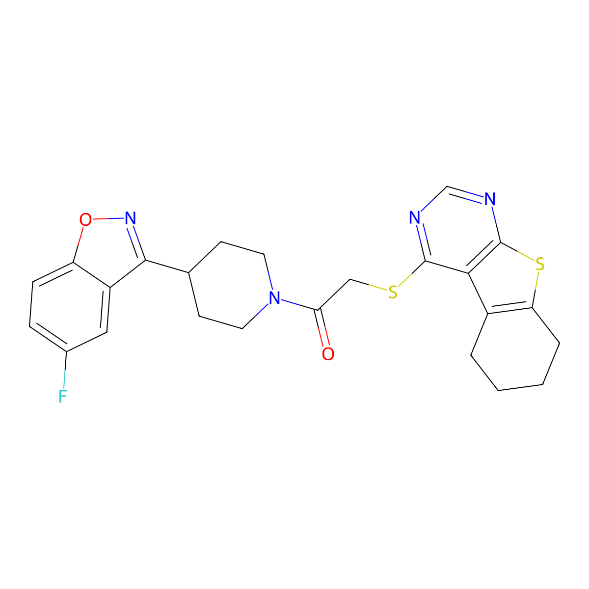 4-({2-[4-(5-Fluoro-1,2-benzisoxazol-3-yl)-1-piperidinyl]-2-oxoethyl}thio)-5,6,7,8-tetrahydro[1]benzothieno[2,3-d]pyrimidine molecular structure, CAS 690647-17-7
