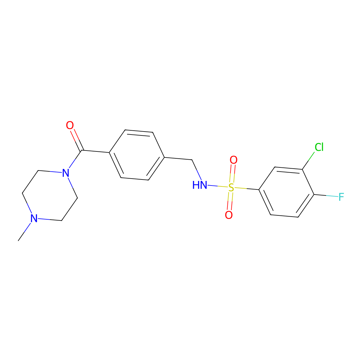 3-chloro-4-fluoro-N-[[4-(4-methylpiperazine-1-carbonyl)phenyl]methyl]benzenesulfonamide molecular structure, CAS 690647-33-7