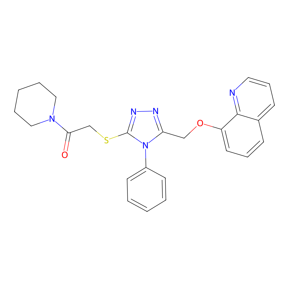 2-[[4-Phenyl-5-(quinolin-8-yloxymethyl)-1,2,4-triazol-3-yl]sulfanyl]-1-piperidin-1-ylethanone molecular structure, CAS 690648-30-7