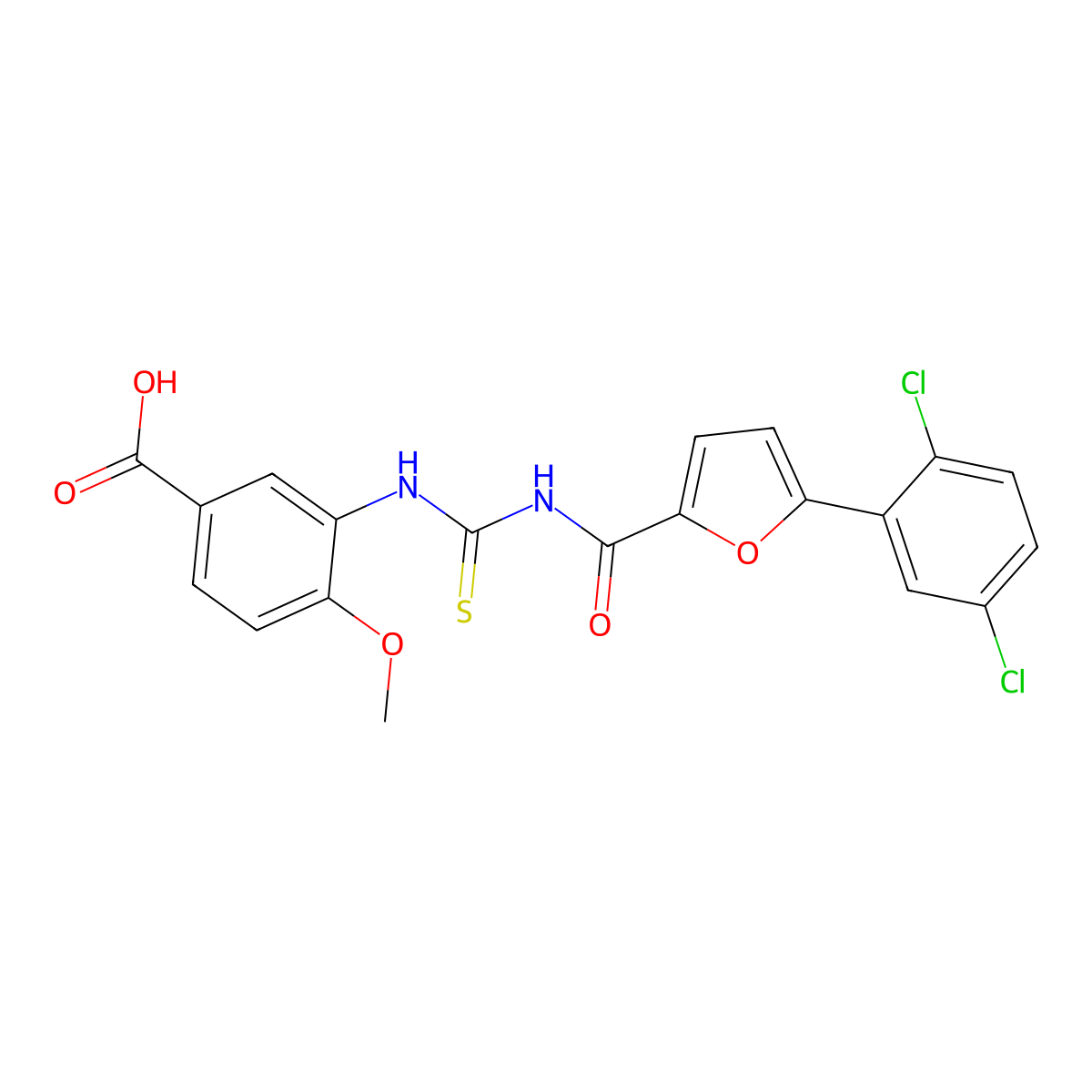 3-[[5-(2,5-Dichlorophenyl)furan-2-carbonyl]carbamothioylamino]-4-methoxybenzoic acid molecular structure, CAS 690648-99-8