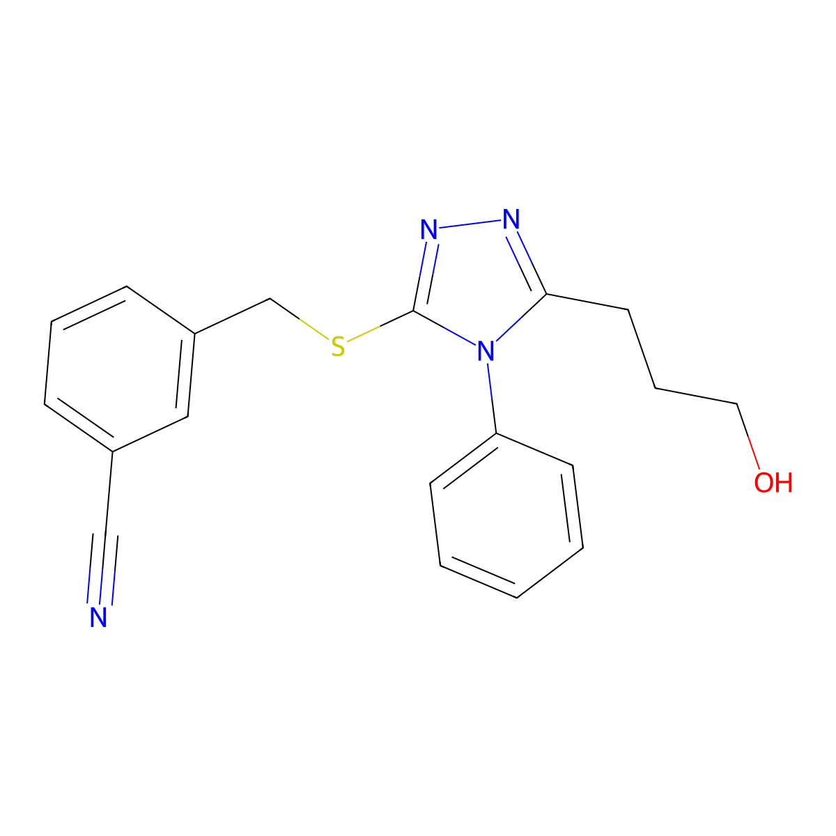 3-[[5-(3-Hydroxypropyl)-4-phenyl-1,2,4-triazol-3-yl]sulfanylmethyl]benzonitrile molecular structure, CAS 690651-24-2